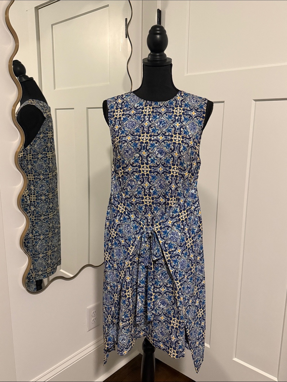 Adolfo Dominguez Blue and White Asymmetrical Patterned Dress